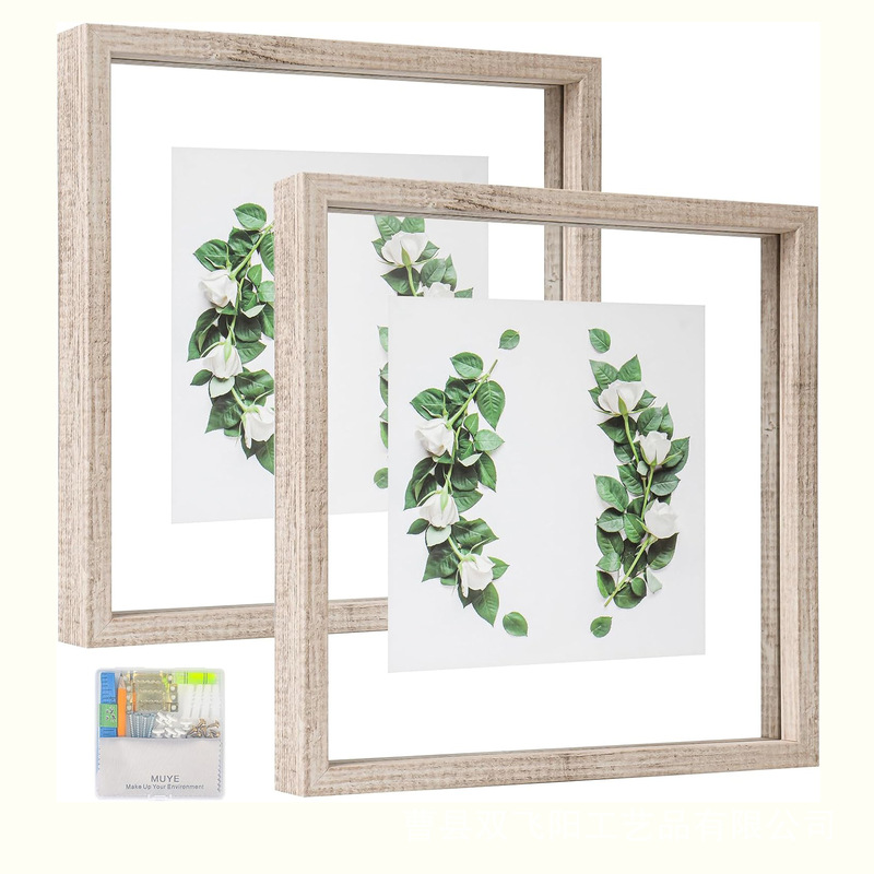 Wooden Floating Photo Frame Square Double Glass Photo Frame Wall-Mounted Desktop Picture Frame Mounting