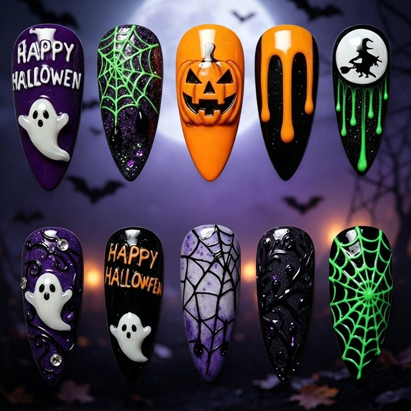 Halloween-themed cartoon nail art with pumpkin heads, ghosts, witches, letters, spider webs, 30-piece new nail set Halloween-themed cartoon nail art with pumpkin heads, ghosts, witches, letters, spider webs, 30-piece new nail set