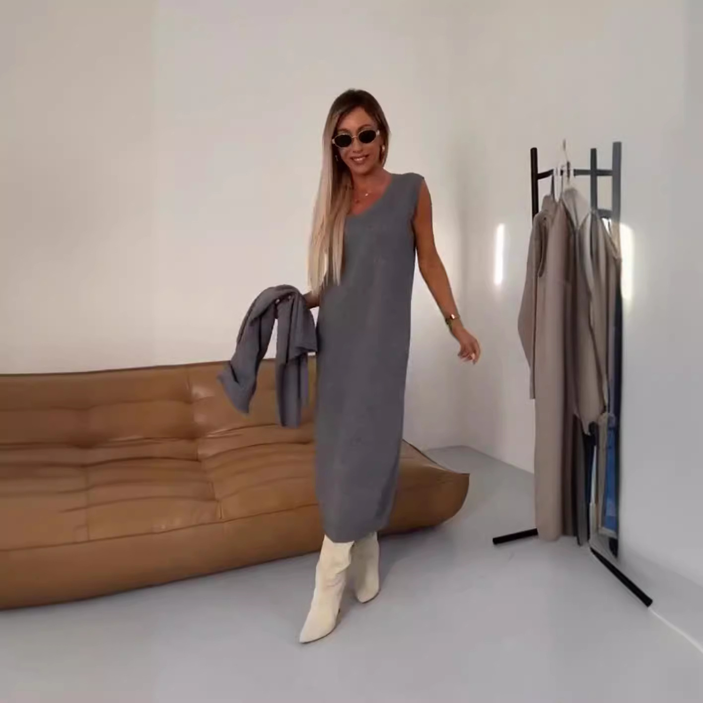 Robe pull automne-hiver col roulé longue deux pièces robe en maille unie_voghion.com