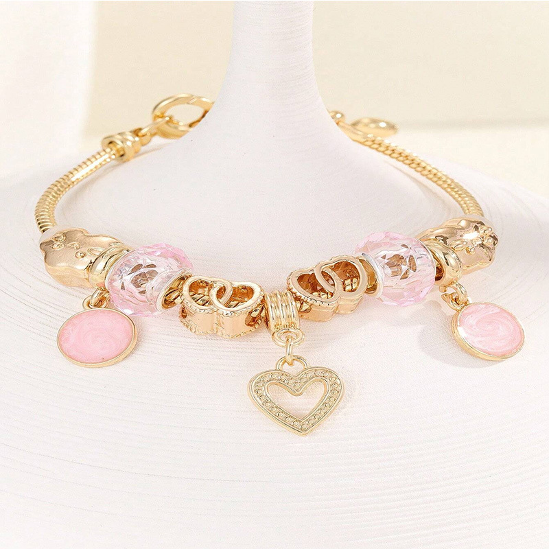 Panjia pulsera Dora DIY cuentas transfronterizas estriado colgante en forma de corazón cristal ajustable pulsera de cadena de cobre