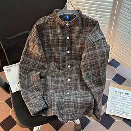 美式复古蓝咖色格子衬衫男款春秋绒感慵懒衬衣cleanfit呢料薄外套
