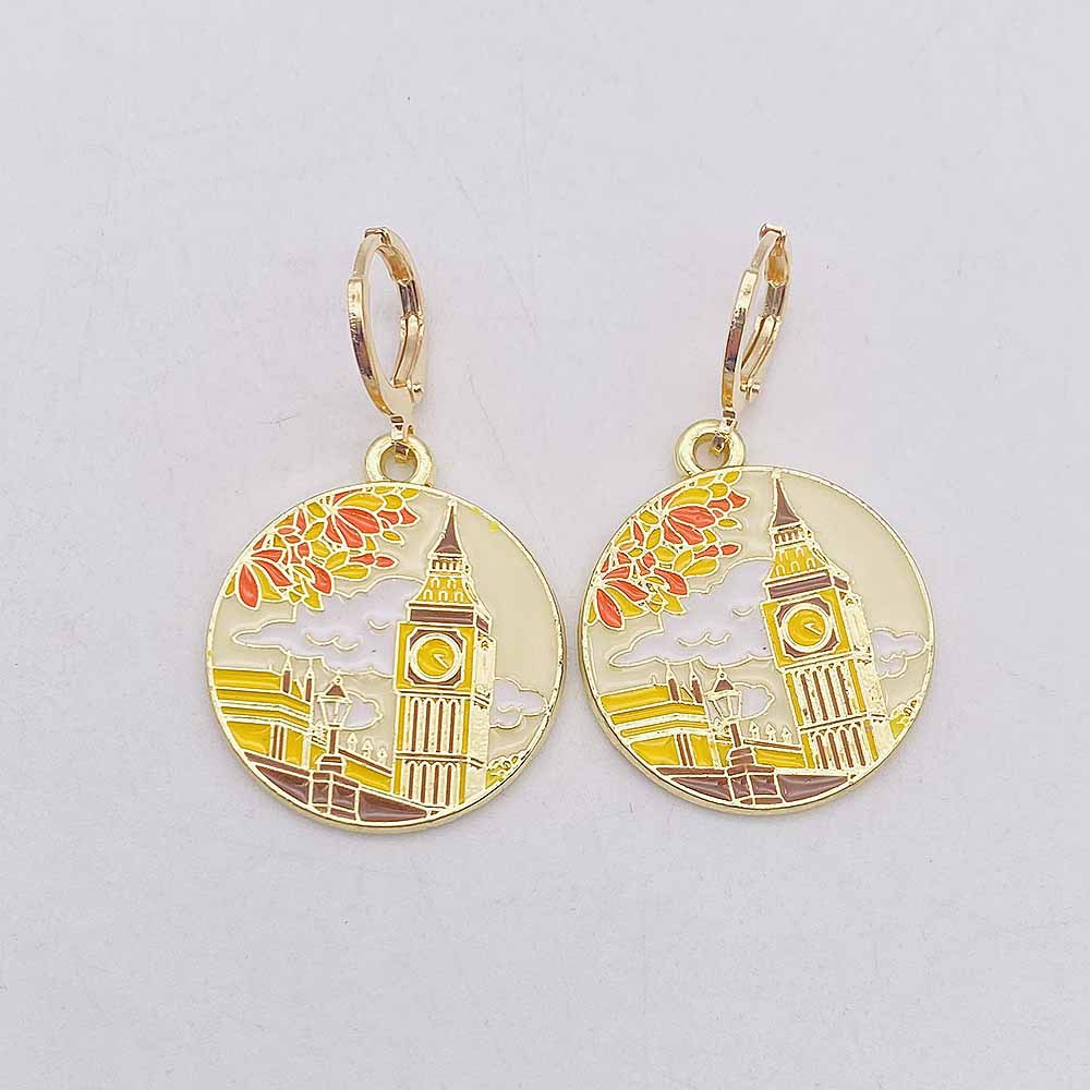 11g Weight Copper Ear Needle Material Drop Earrings Classification 1 Pair Quantity Daily, Street Occasion Alloy Material Building, Landscape Pattern Women's Gender Enamel Design Simple Style Style 1 Pair Simple Style Building Landscape Enamel Arylic Alloy Drop Earrings 5