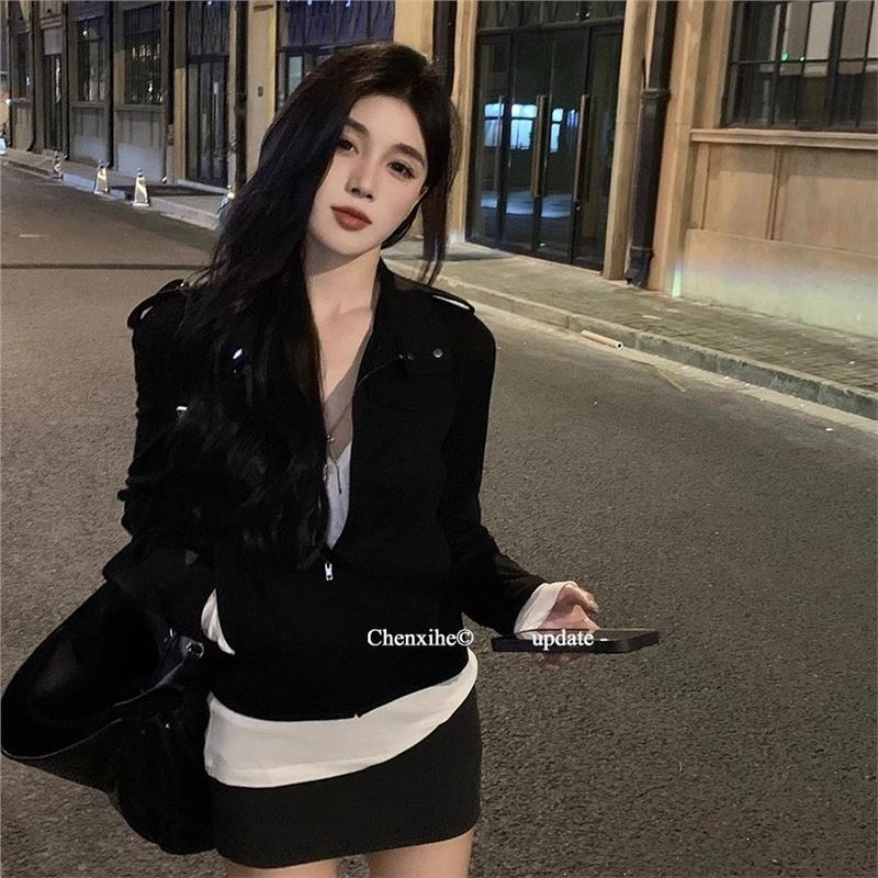 何晨曦 美式复古牛皮绒短款夹克外套女春秋韩版休闲百搭长袖上衣|undefined