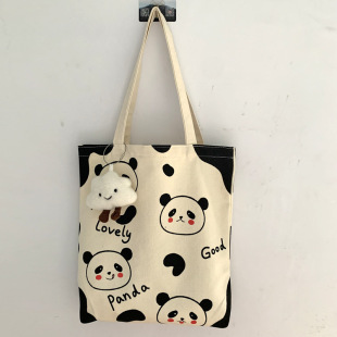 Panda Canvas Bag Women's Shoulder Summer Ins Artistic Cute Japanese and Korean Large Capacity Bag for Students in Class and Work Women