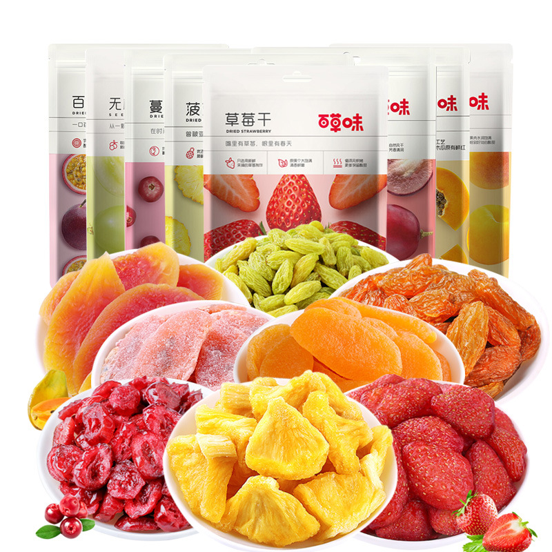 A variety of Baicaowei fruit and nut mixes in large slices, including dried fruits and candied fruits, available for retail and wholesale in full boxes, with discounts for PLUS users.