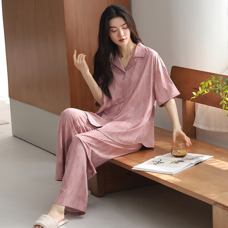Soft Cotton Pajamas for Women, Summer Thin Style, Cool-Feeling Pure Cotton Short-Sleeved Long Pants, 2026 New Summer Home Wear Set Soft Cotton Pajamas for Women, Summer Thin Style, Cool-Feeling Pure Cotton Short-Sleeved Long Pants, 2026 New Summer Home Wear Set