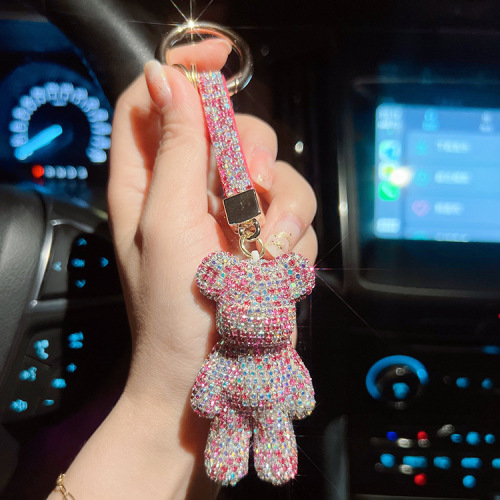Fashion Diamond-Studded Medium Size Violent Bear Keychain Creative Diamond Rope Round Clasp Car Keychain for Girls Purse Hook Gift