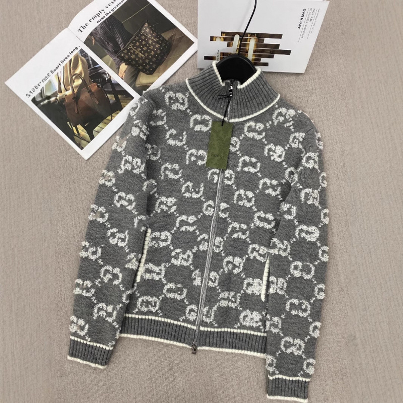 高バージョン Nanyou G ファミリーの新しいタオル刺繍スタンドアップカラージッパーダブル G フルプリントニットウールカーディガン女性用|undefined