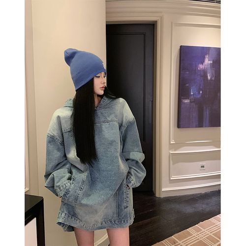 American retro denim hooded jacket women's spring 2024 new loose design mid-length top jacket