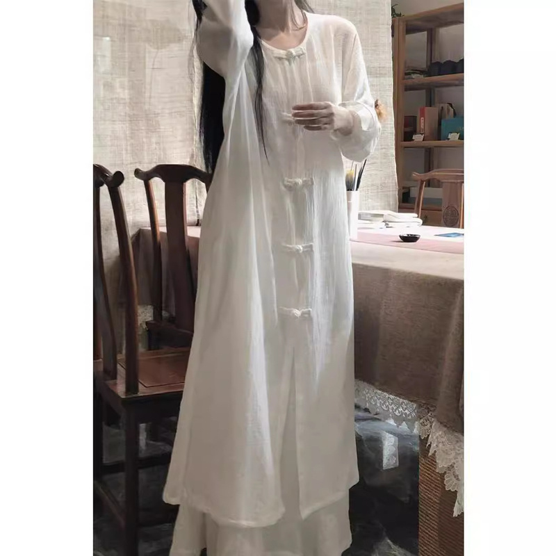 New Chinese Style Chinese Style Zen Style Women's Clothing New Improved Hanfu Tea Clothing Round Neck Shirt Cool Suit Wide Leg Pants