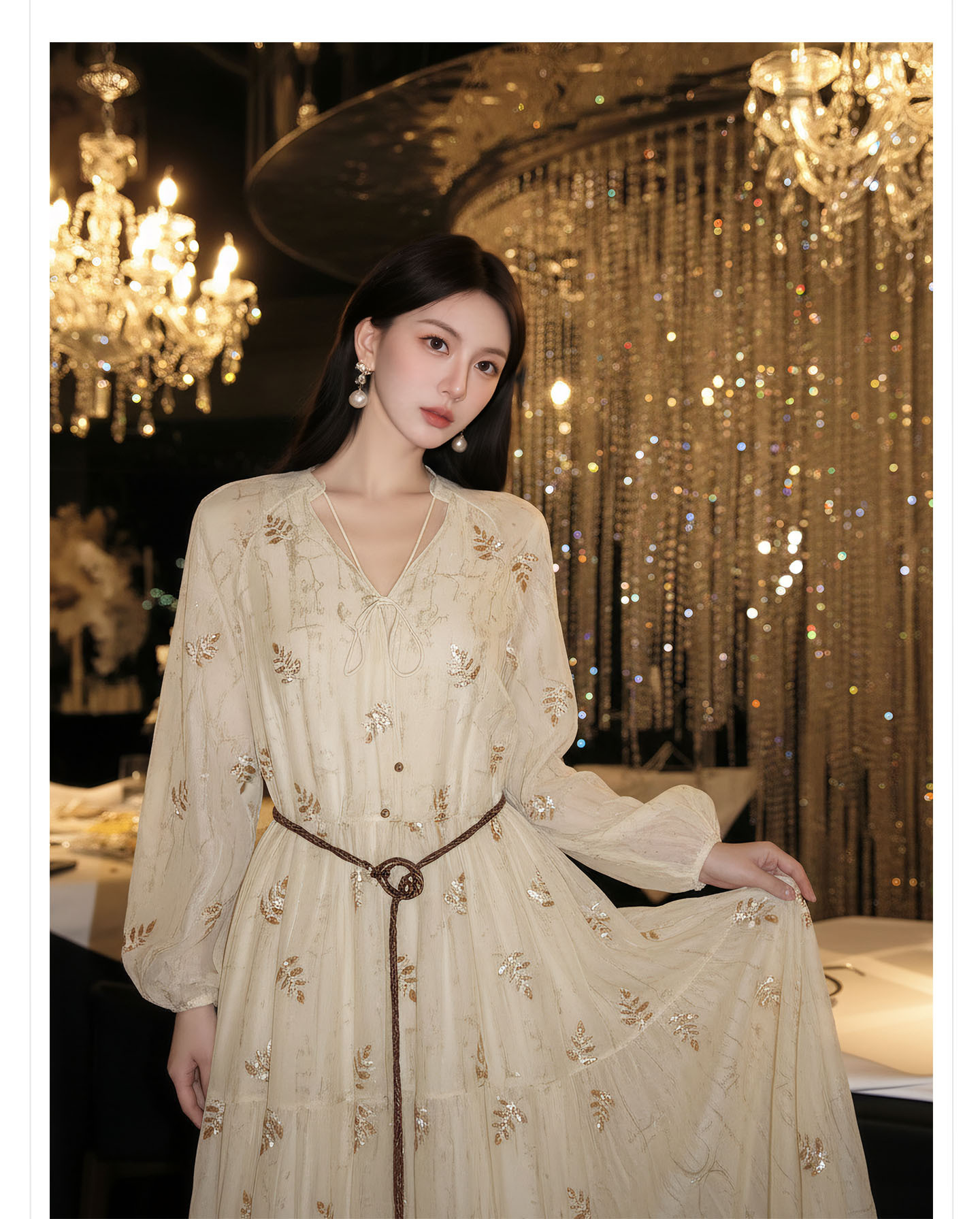 Đầm maxi nữ tay dài thiết kế eo thon phong cách tiểu thư sang trọng — màu mơ chi tiết 4