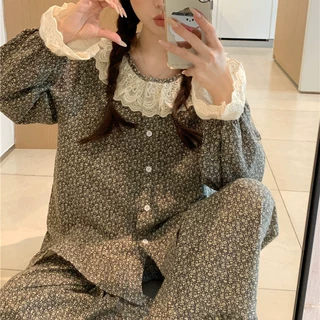 韩版秋冬磨毛全棉甜美公主风蕾丝圆领宽松国风碎花少女家居服套装