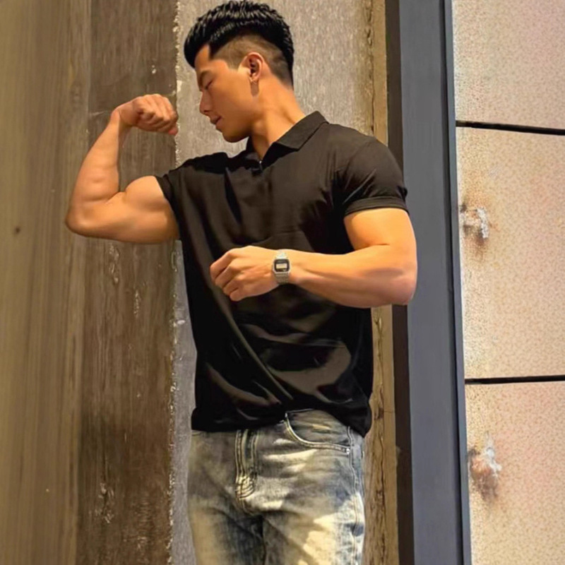 Fitness Short-Sleeved Men's Summer Simple Pure Color Chinese Polo Shirt Henry Collar Sports Breathable Cuff Short-Sleeved Trendy