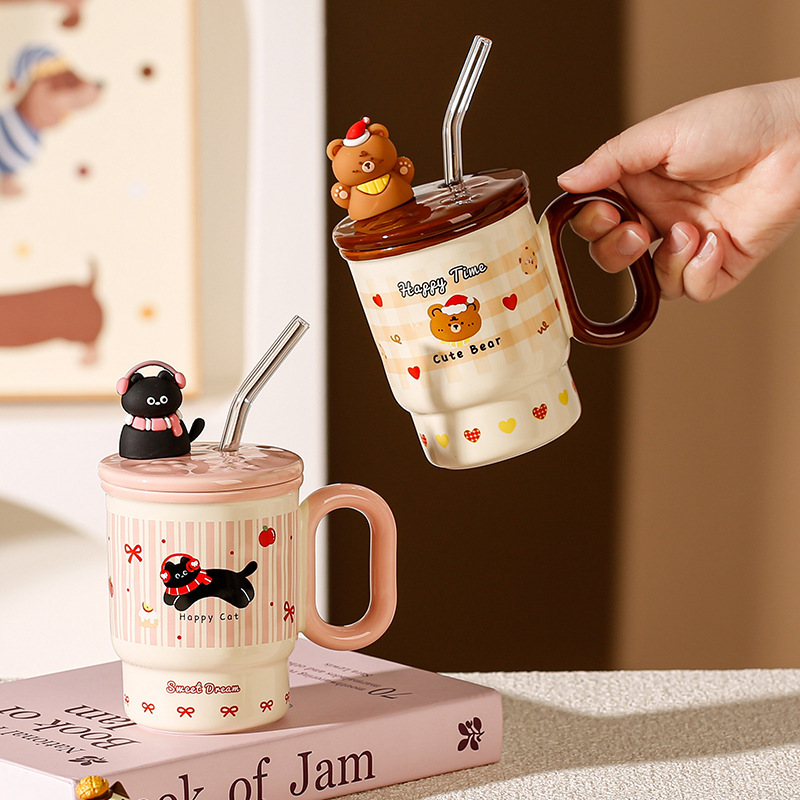 遊び心のあるかわいい動物ストローセラミックウォーターカップオフィス蓋付き大容量マグ誕生日プレゼントお土産|undefined