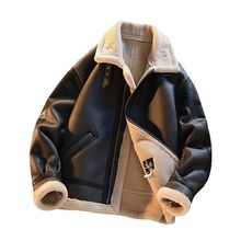 皮毛一体加绒皮衣男秋冬季翻领羊羔绒棉衣外套男士加厚机车皮夹克
