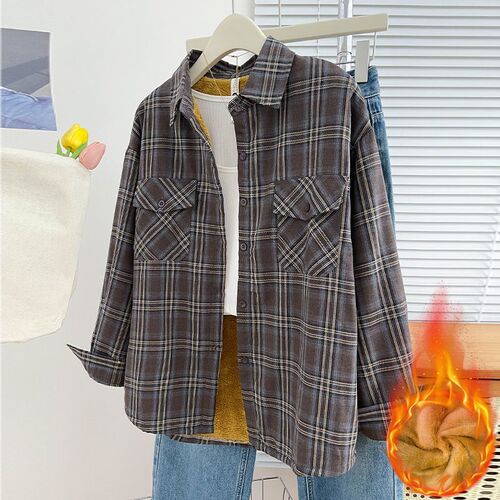 Autumn/Winter Long Sleeve Fleece Lined Thick Warm Plaid Casual New Women's Shirt Top Loose Mother's Dress Large Size Coat