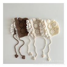 网红博主同款洋气蕾丝边儿童手钩花透气细带护耳套头帽女孩毛线帽