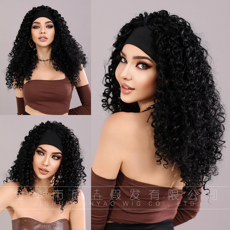 Black Female Headscarf Wig African Curly Hairband Wig Kinky Curly Headband Wigs Black Female Headscarf Wig African Curly Hairband Wig Kinky Curly Headband Wigs