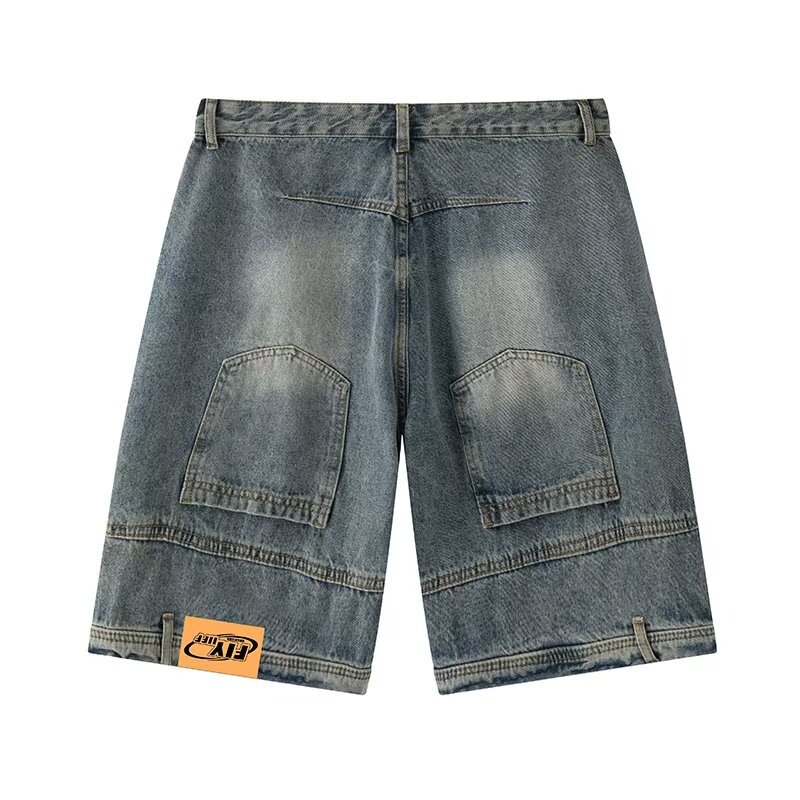 Reverse Wear Overalls Denim Shorts Men's Summer Trendy Brand American Straight Pants Design Sense Loose Wide Leg Pants