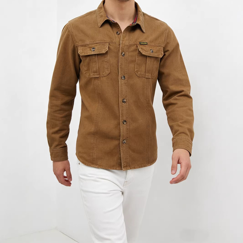 Cross-Border Hot-Selling 2026 New Brown Trendy Brand Denim Shirt for Men, Versatile Casual Turn-Down Collar Top Men's Shirt