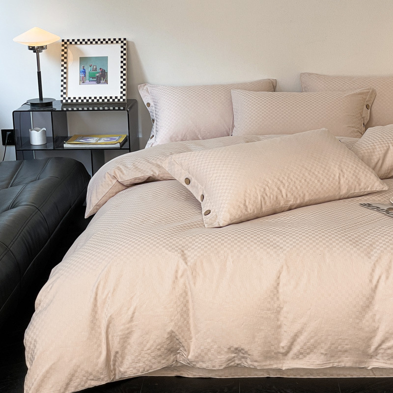 Luz de lujo jacquard de algodón de fibra larga satén conjunto de cuatro piezas 100 algodón puro color a juego cama de cuatro piezas de estilo nórdico cubierta de la colcha hoja de cama