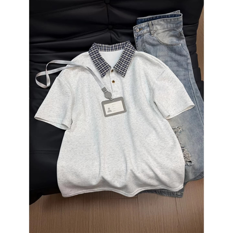 Wassup Shark Retro Plaid Collar Patchwork Short-Sleeve Polo Shirt for Men, Summer Loose Fit Oversized Top T-Shirt Trendy Wassup Shark Retro Plaid Collar Patchwork Short-Sleeve Polo Shirt for Men, Summer Loose Fit Oversized Top T-Shirt Trendy