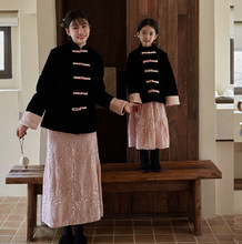 一起玩亲子装 国风母女装加厚夹棉中式丝绒上+亮片丝绒裙T23D57