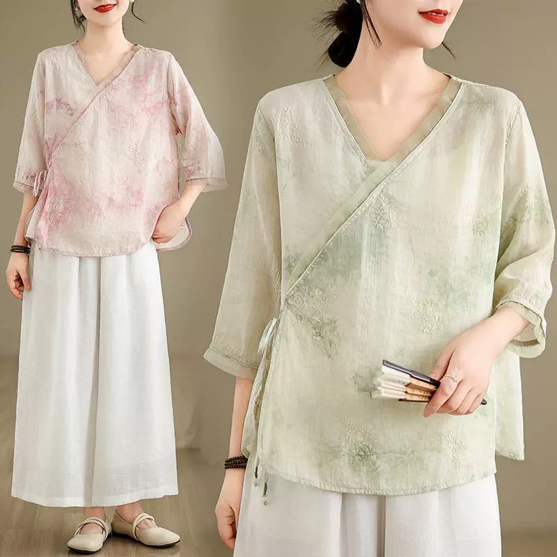 Брендовые женские топы в китайском стиле с вырезом и этикеткой, женские свободные топы с рукавами три четверти и цветочным принтом из рами в литературном стиле ретро