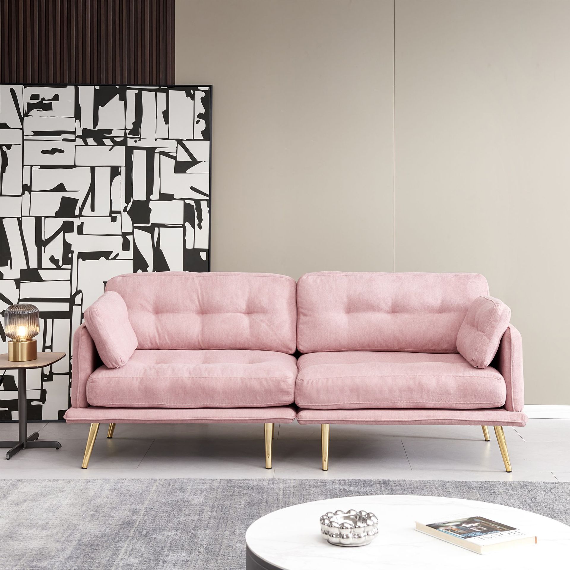 3座沙发，金色金属腿柔软，棉亚麻织物粉红色