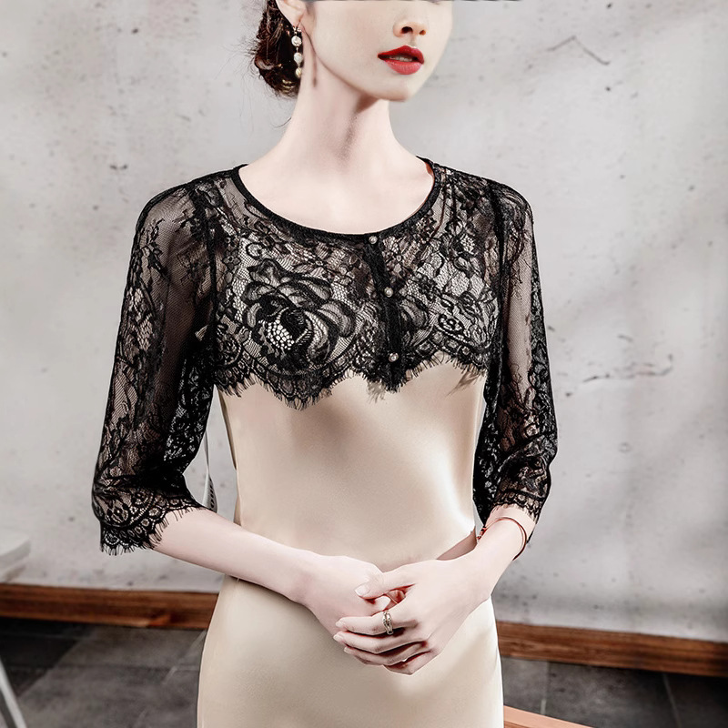 Round Neck Pullover Lace Loose Shirt Women's Three-Quarter Sleeve 2025 Summer New Dress with Half-Sleeved Blouse