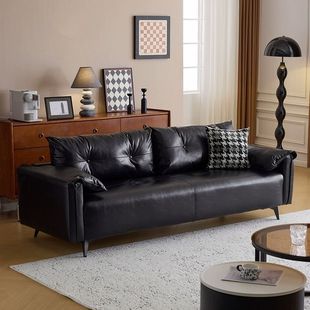 Vintage Leather Art Black Sofa Small Apartment Living Room Casual Minimalist Office Reception Wax Leather Double Three-Person Sofa
