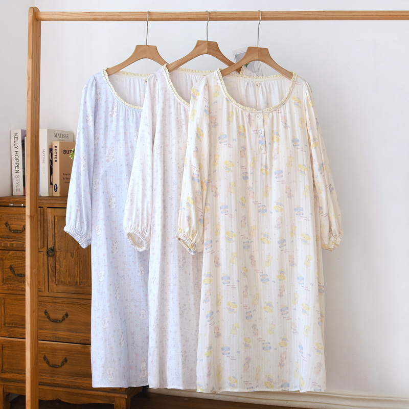 Bamboo Fiber Home Dress, Spring and Summer Breathable Cute Cartoon Nightgown, Bamboo Cotton Gauze Pajama Set, Long-Sleeved Long Dress Bamboo Fiber Home Dress, Spring and Summer Breathable Cute Cartoon Nightgown, Bamboo Cotton Gauze Pajama Set, Long-Sleeved Long Dress
