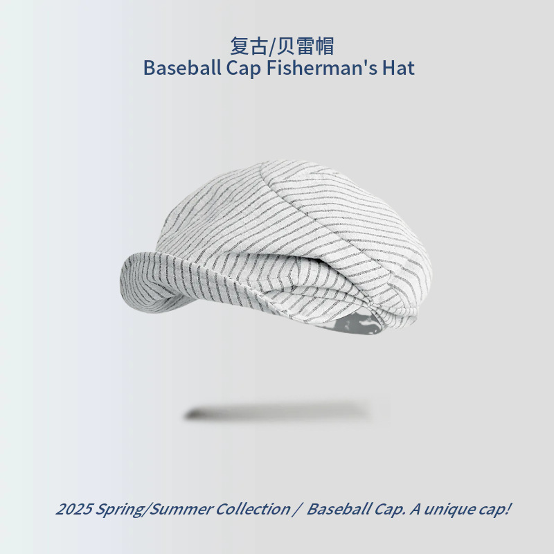 日本のレトロなストライプのキャスケットハット春と夏の綿とリネンの通気性のあるペインターハットニッチデザインのプリーツつぼみハット男性と女性用|undefined