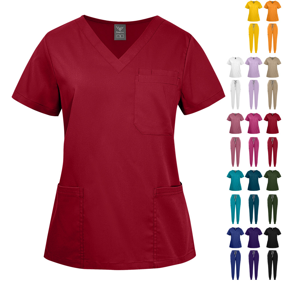 meoexin Thick 15 Color Pocket V-Neck Nurse Suit suit Lab Coat Short Sleeve Trousers Solid Color Hand Wash Clothes high quality