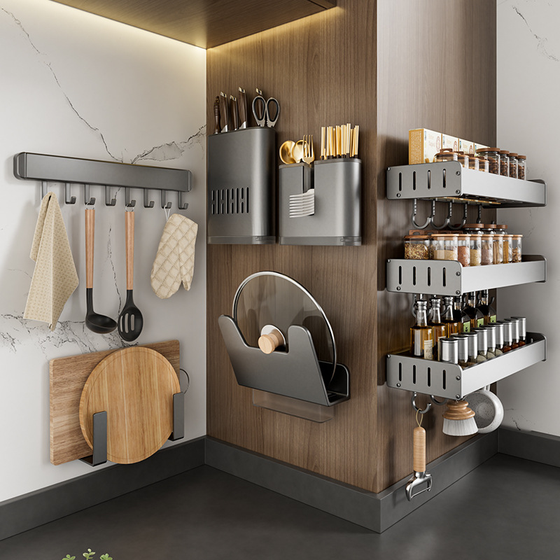 Gun Ash Kitchen Storage Rack No Punch Wall-mounted Condiments Soy Sauce Vinegar Bottles and Jars Home Wall Condiment Storage Rack