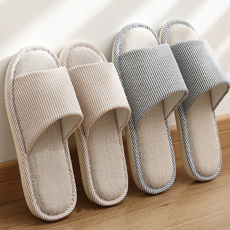 일본식 리넨 슬리퍼 봄과 가을 남자 줄무늬 통기성 실내 음소거 홈 미끄럼 방지 사계절 면 리넨 슬리퍼 남자 여름