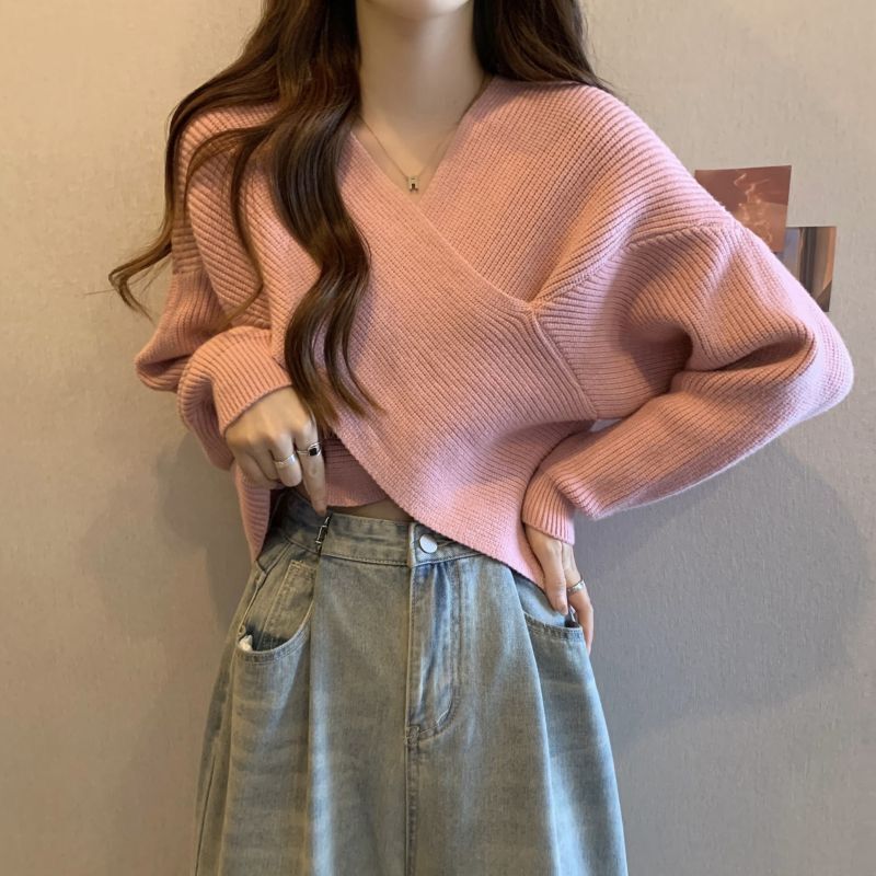 不规则交叉v领套头毛衣女秋冬内搭宽松慵懒短款针织衫上衣设计感|undefined