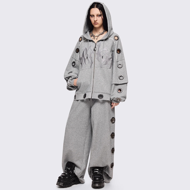 Autumn and Winter Street Fashion Trend Cardigan Sweatshirt with Tie Casual Pants Metal Ring Decoration Cross-Border Set Ins