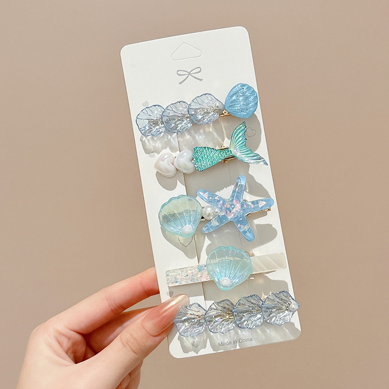 Azul mar conchas de cabello niñas sirena clips niños lindos laterales frises rotas toque de cabello