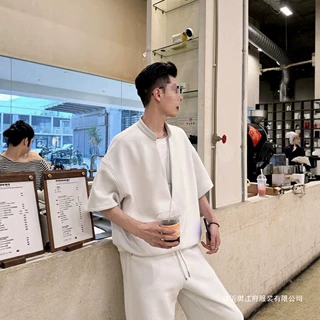 2026春夏新款潮流男士休闲重磅短袖假两件卫衣卫裤套装灰色套装棉
