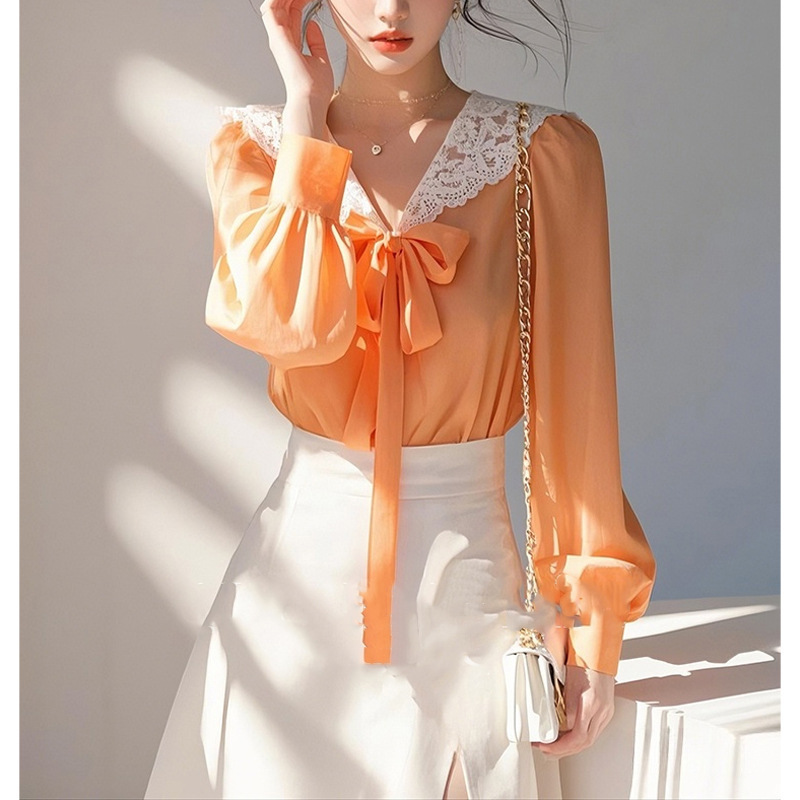 Orange Lace Lace Lace Long Sleeve Chiffon Shirt Women's 2025 Spring New Style Thin Unique Beautiful Small Top