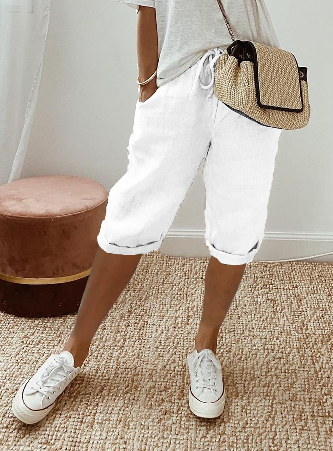 Women's Cotton Linen Casual Pants With Pockets Elastic Waist Five Point Khaki Style_ecoleips.com