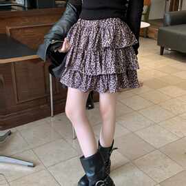 实拍 秋冬新款甜酷风短裙女复古设计感高腰豹纹蛋糕半身裙潮91027
