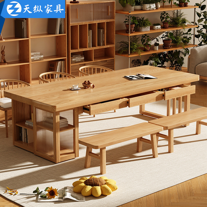 Tianzong Ash Wood Desk Bookshelf Integrated Living Room Study Table with Drawer Home Long Table Solid Wood Computer Table