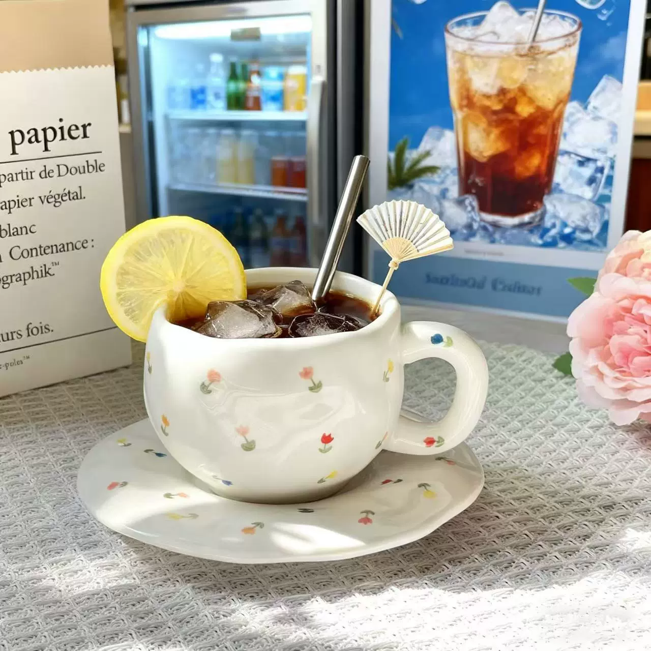 ins风 手捏手绘咖啡杯陶瓷下午茶杯碟套装小碎花不规则早餐牛奶杯