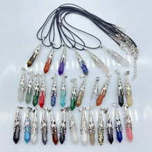 欧美复古饰品天然水晶宝石合金灵摆六棱柱喇叭花吊坠简约挂饰项链