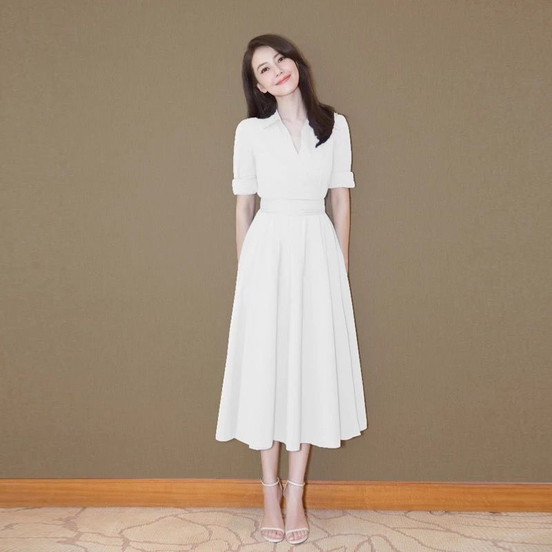 White V-neck commuter shirt dress women's 2023 Summer new elegant mid-length waist slimming skirt White V-neck commuter shirt dress women's 2023 Summer new elegant mid-length waist slimming skirt