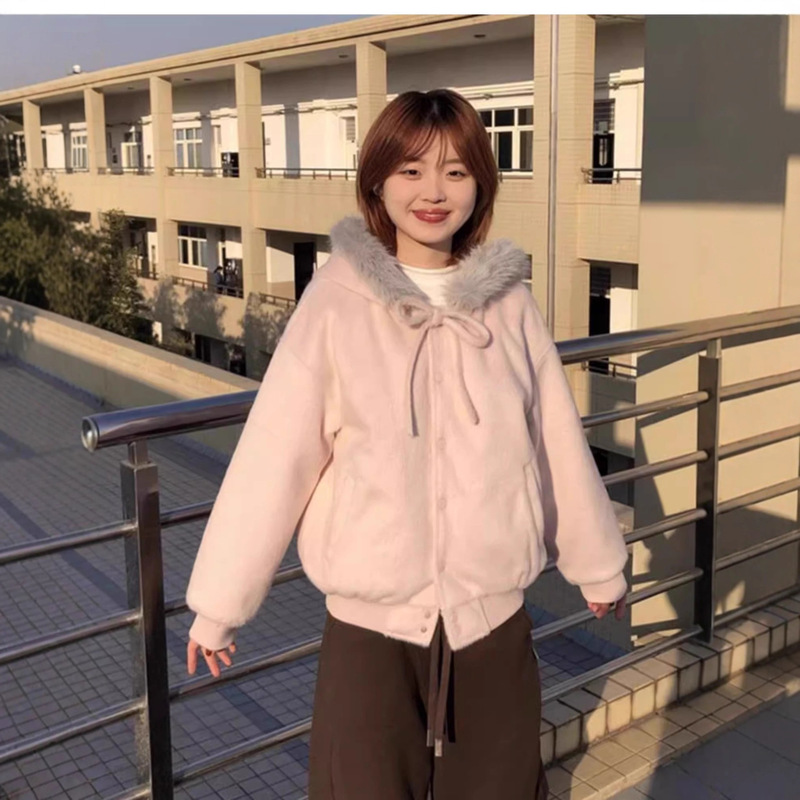 韩系学院粉粉色棒球服女秋冬季连帽毛毛夹棉妮子清新甜美外套上衣|undefined
