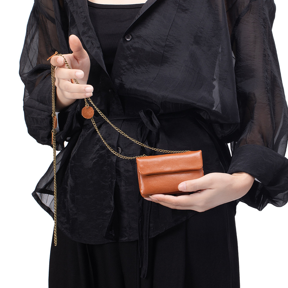 New Top Grain Cowhide Chain Square Mini Bag, Niche Design Vintage Shoulder And Crossbody Bag For Women - Thumbnail 3