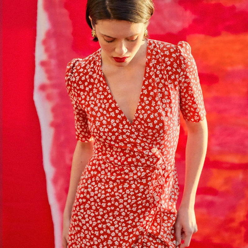 Spot 114# Summer New 2023 Floral V-neck Short Sleeve Mid-length Dress French Tea Break Wrap Dress Strap Spot 114# Summer New 2023 Floral V-neck Short Sleeve Mid-length Dress French Tea Break Wrap Dress Strap